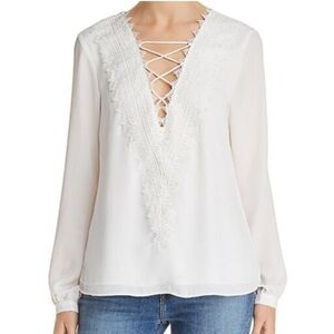 NWT Wayf Lace Up Appliqué Embroidered Ivory Flowy Blouse